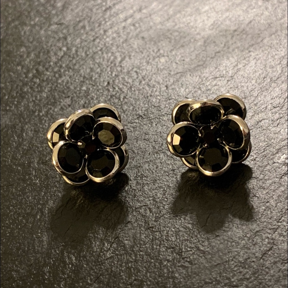 Black Beaded Rose Flower Stud Earrings with Silver Tone Trim - Picture 9 of 9